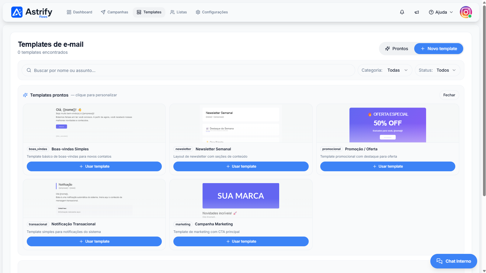 Tela: Templates de E-mail